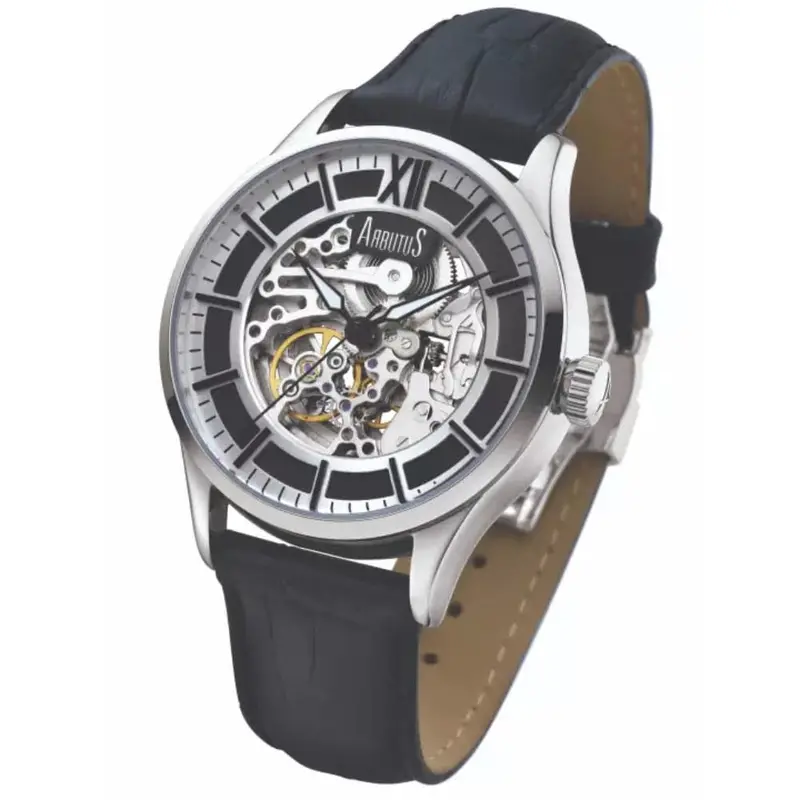 Arbutus Ar901swb Skeleton Black Leather Men's Watch 1