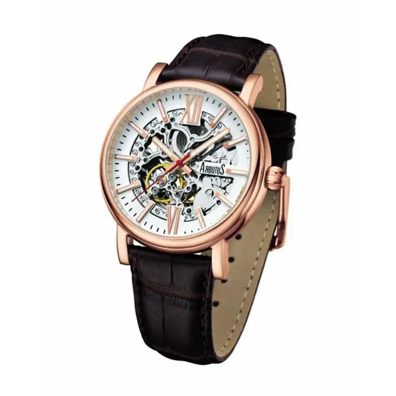 Arbutus Automatic Rose Gold Stainless Steel Ar911rwf Brown Leather Strap Men's Watch 1