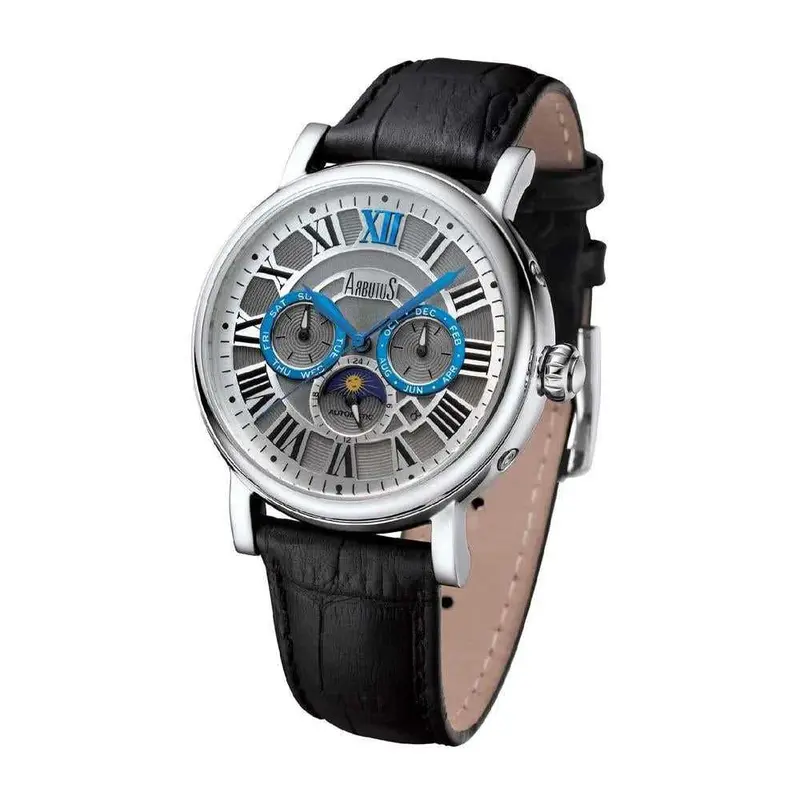 Arbutus Automatic Silver Stainless Steel Ar912swb Black Leather Strap Men's Watch 1