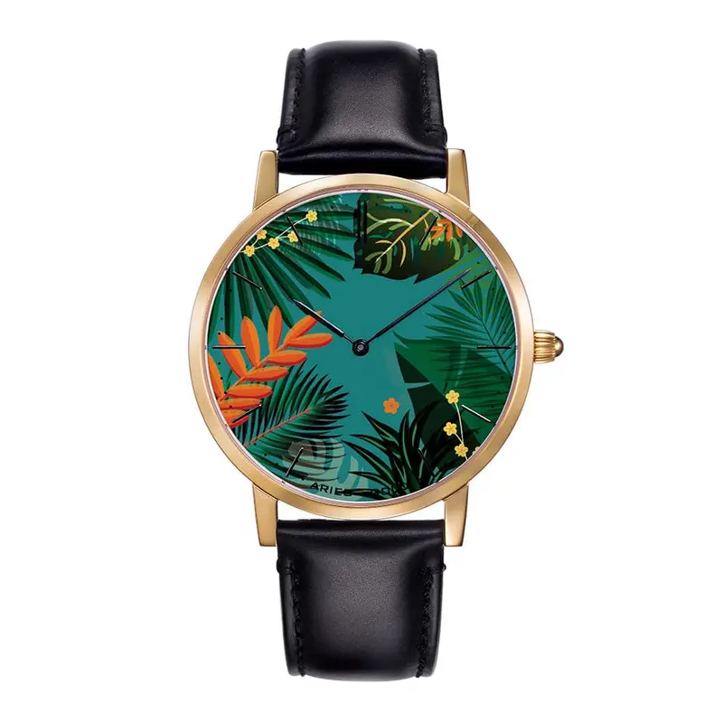 Aries Gold Customised Gold Stainless Steel Watch - Green Floral Leather Strap Woman's Watch 1