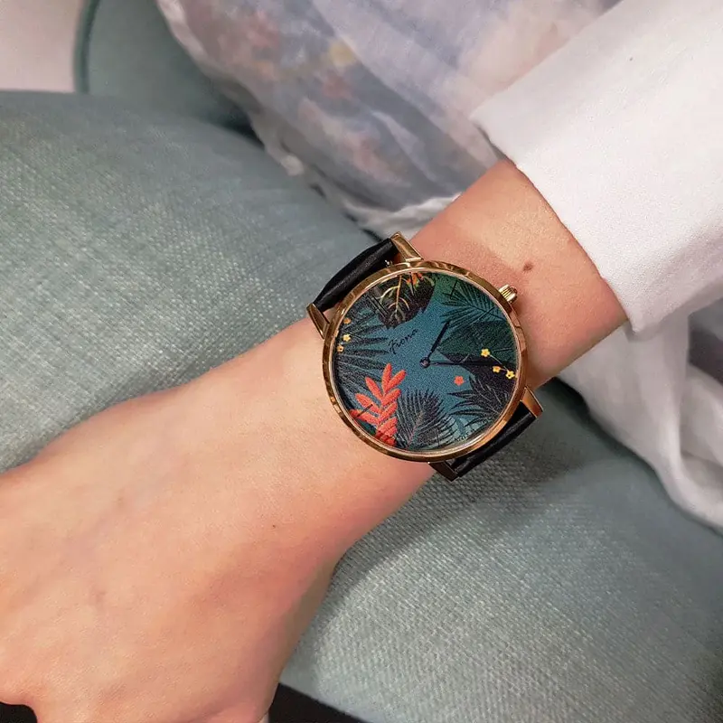 Aries Gold Customised Gold Stainless Steel Watch - Green Floral Leather Strap Woman's Watch 2