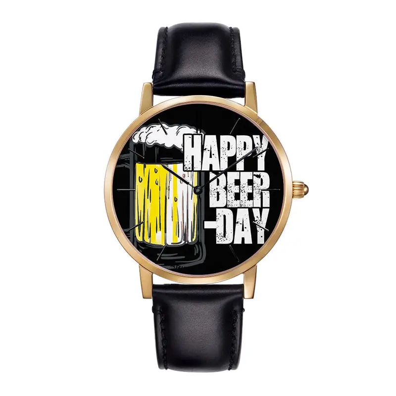 Aries Gold Customised Gold Stainless Steel Watch - Happy Beer Day Black Unisex Leather Strap Watch 1