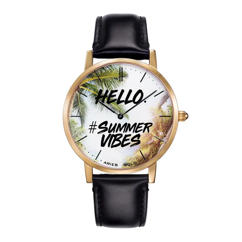 Aries Gold Customised Gold Stainless Steel Watch - Hello Summer Vibes Unisex Leather Strap Watch 1