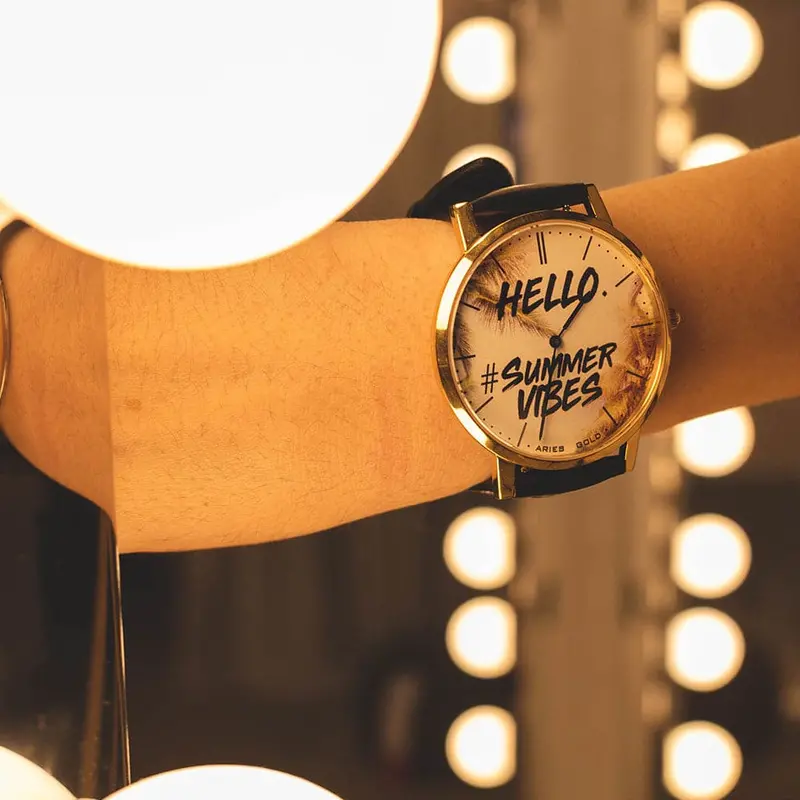 Aries Gold Customised Gold Stainless Steel Watch - Hello Summer Vibes Unisex Leather Strap Watch 2