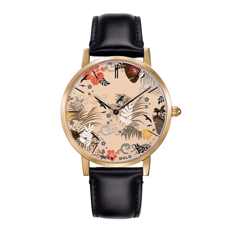 Aries Gold Customised Gold Stainless Steel Watch - Nude Floral Leather Strap Woman's Watch 1