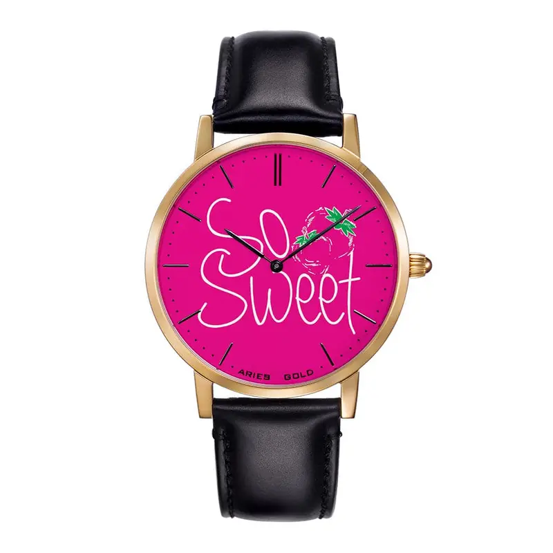 Aries Gold Customised Gold Stainless Steel Watch - So Sweet Pink Leather Strap Women's Watch 1