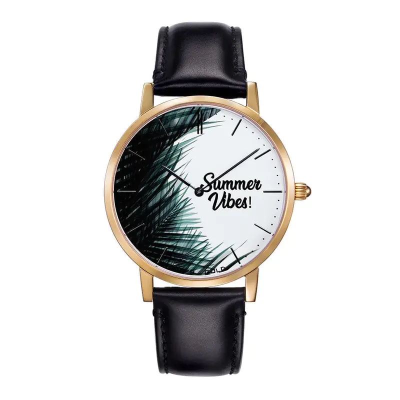 Aries Gold Customised Gold Stainless Steel Watch - Summer Vibes Palm Leaves Unisex Leather Strap Watch 1