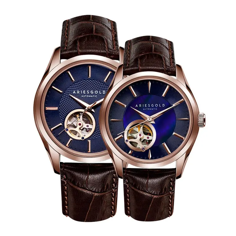 Aries Gold Inspira Brown Couple's Watch - Open Heart | G 9022 & L 9023 Rg-Bu 1