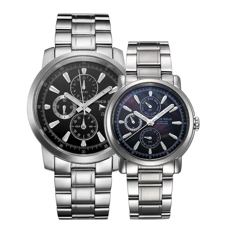 Aries Gold Inspire Contender Silver Couple's Watch - Chronograph | G 7301 S-Black & B 7302 S-Bkmop 1