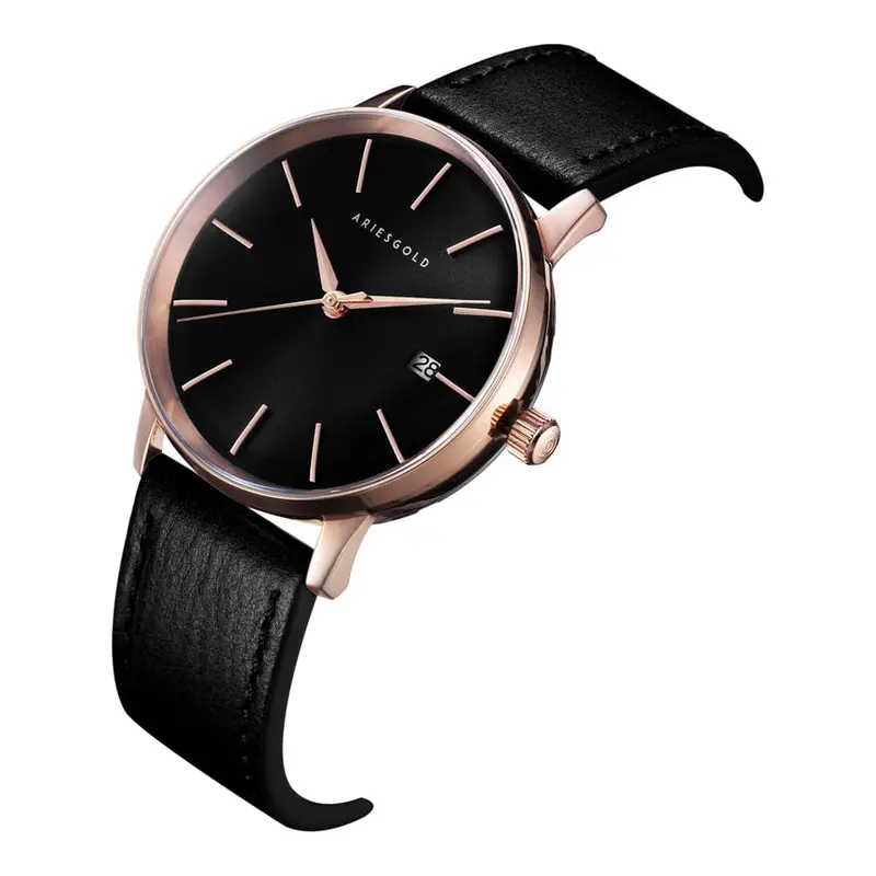 Aries Gold La Oro Black Men's Watch - Genuine Leather Strap | G 9026 Rg-Bk 2