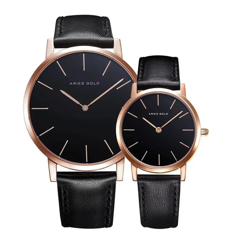 Aries Gold Urban Santos Black Couple's Watch - Genuine Leather | G 1022 & L 1023 Rg-Bk 1