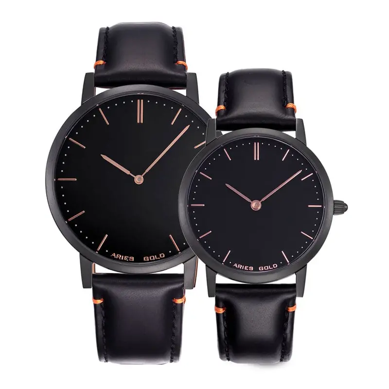 Aries Gold Urban Tango Black Couple's Watch - Genuine Leather Strap | G 1007 & L 1008 Bk-Bk 1