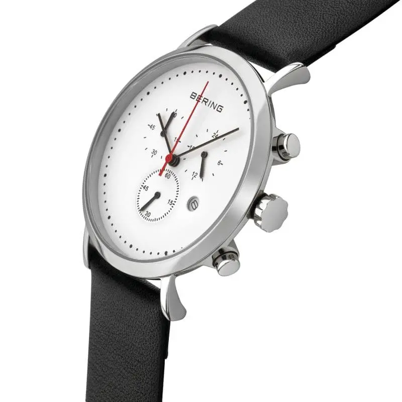 Bering 10540-404 Classic Chronograph White Dial Black Leather Strap Men's Watch 2
