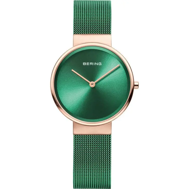Bering 14531-868 Classic Polished Rose Gold Green Mesh Strap Women's Watch 1