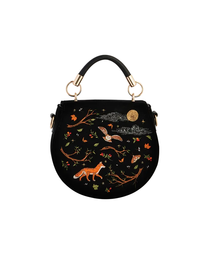 Black Fox & Owl Embroidered Top Handle Saddle Bag 1