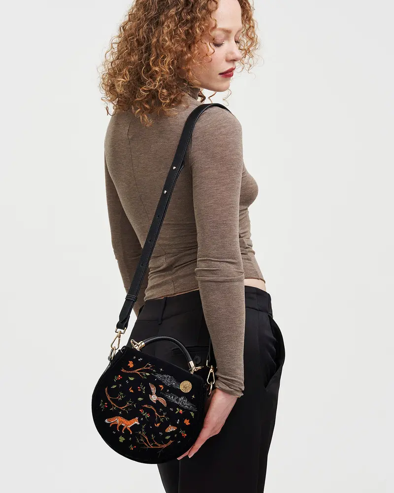 Black Fox & Owl Embroidered Top Handle Saddle Bag 2