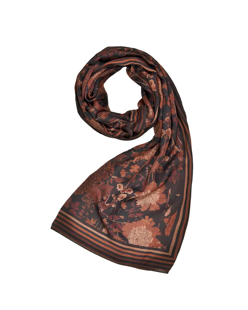 Brown Deco Blooms Brown Stripe Border Lightweight Scarf 1