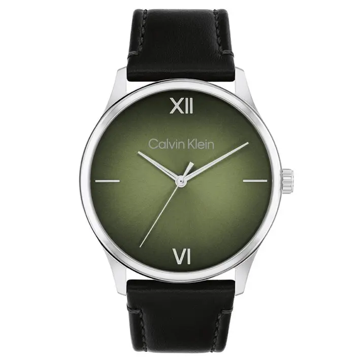Calvin Klein Ascend Green Dial Black Leather Watch 25200454 1