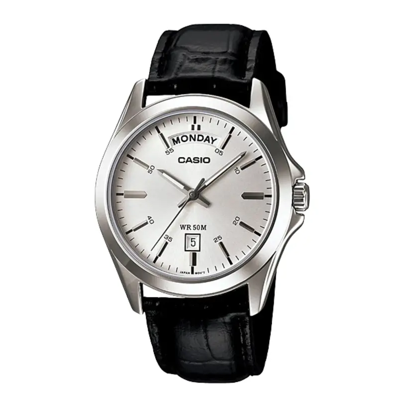 Casio Date Day Genuine Whte Dial Black Leather Men's Watch Mtp-1370L-7Avdf-P 1
