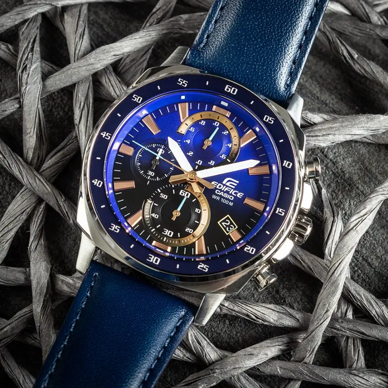 Casio Edifice Chronograph Blue Dial And Leather Strap Men Watch Efv-600L-2Avudf-P 2