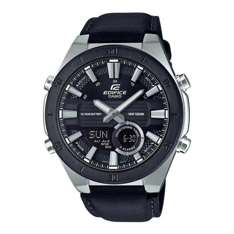 Casio Edifice Chronograph Silver Stainless Steel Era-110Bl-1Avdf Black Leather Strap Men's Watch 1