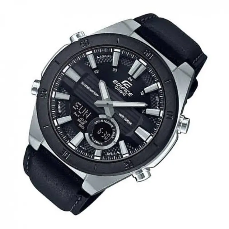 Casio Edifice Chronograph Silver Stainless Steel Era-110Bl-1Avdf Black Leather Strap Men's Watch 2