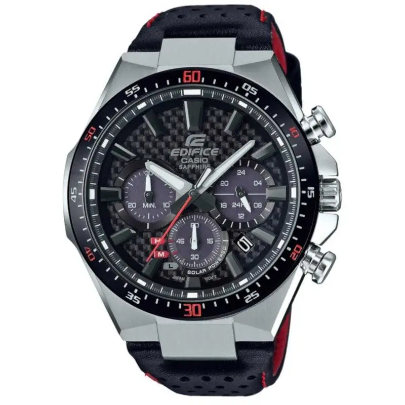 Casio Edifice Efs-S520cbl-1Auef Chronograph Silver Stainless Steel Black Leather Strap Men's Watch 1