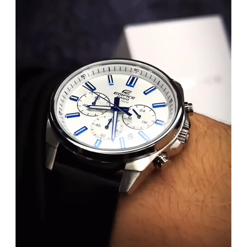Casio Edifice Efv-650L-7Avudf-P Standard Chronograph White Dial Black Leather Strap Watch 2