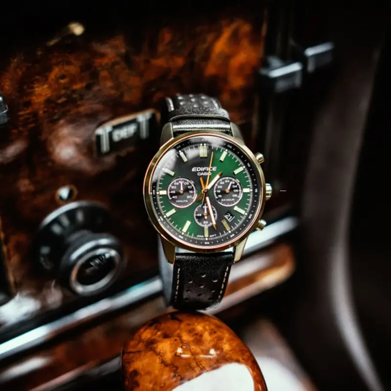 Casio Edifice Green Dial Black Leather Strap Men Watch Efr-575Cl-3Adf-P 2