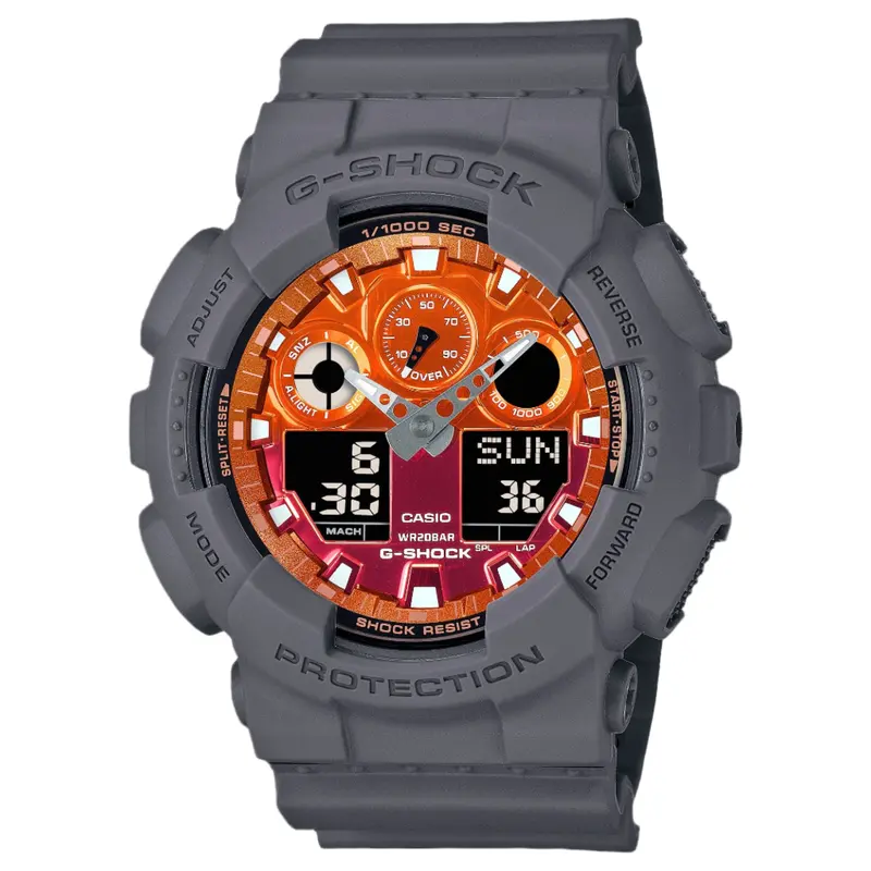 Casio G-Shock  Ga-100Fl-8Adr Fiery Orange Dial Gray-On-Black Strap Watch 1