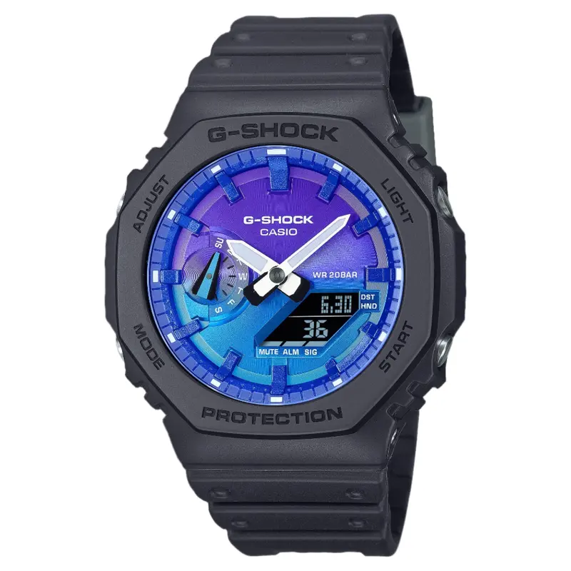 Casio G-Shock Glowy Blue Dial Gray-On-Black Strap Watch Ga-2100Fl-1Adr 1