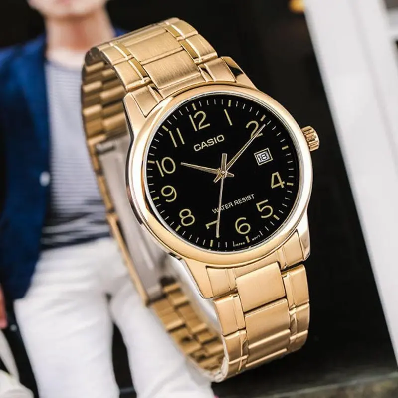Casio General Black Dial Gold Stainless Steel Strap Unisex Watch Mtp-V002g-1Budf-P 2
