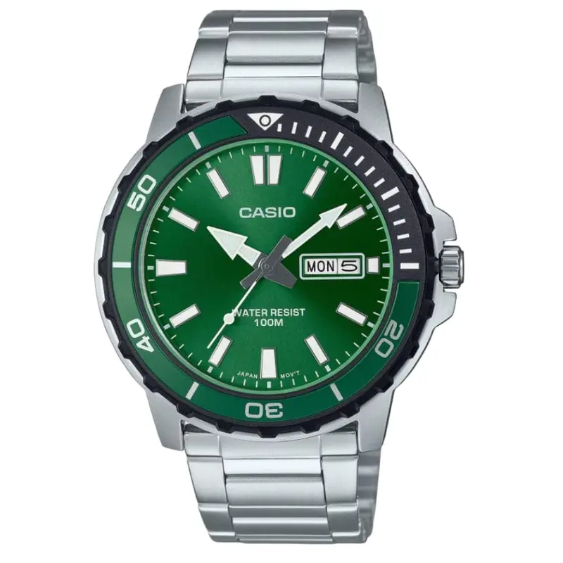 Casio General Green Dial Silver Stainless Steel Strap Men Watch Mtd-125D-3Avdf 1