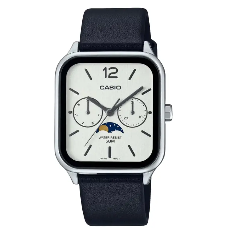 Casio General Moon-Phase Black Leather Strap Unisex Watch Mtp-M305l-7Avdf 1