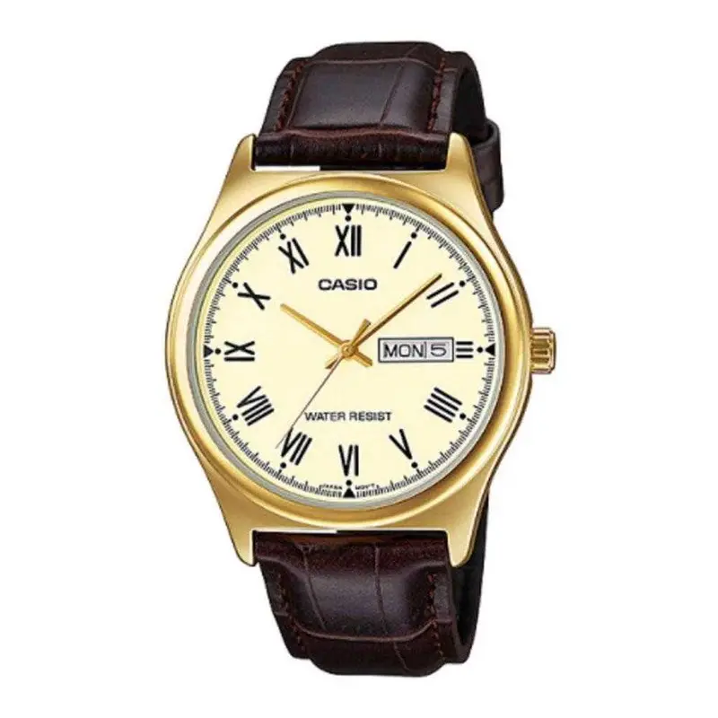 Casio General Mtp-V006gl-9Budf Quartz Gold Stainless Steel Brown Leather Strap Men's Watch 1