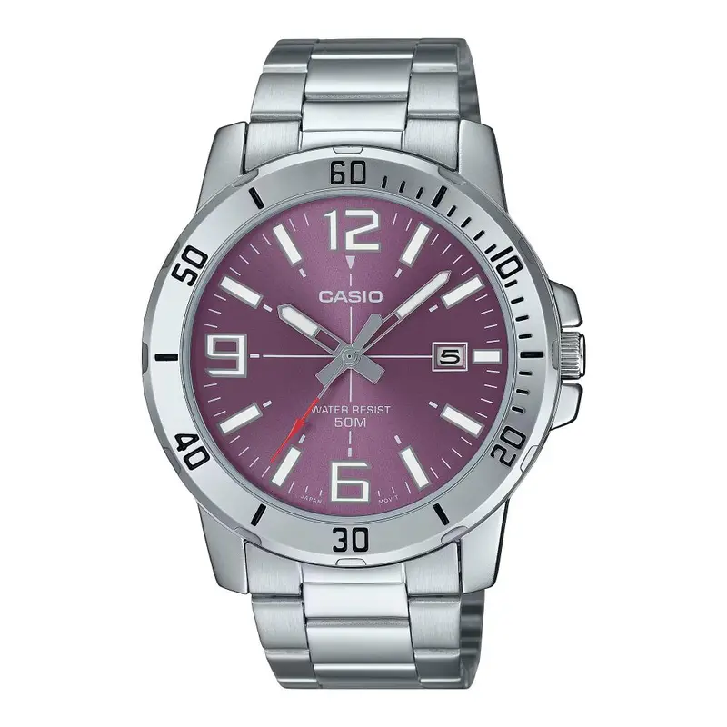 Casio General Purple Dial Silver Stainless Steel Strap Unisex Watch Mtp-Vd01d-6Bdf-P 1