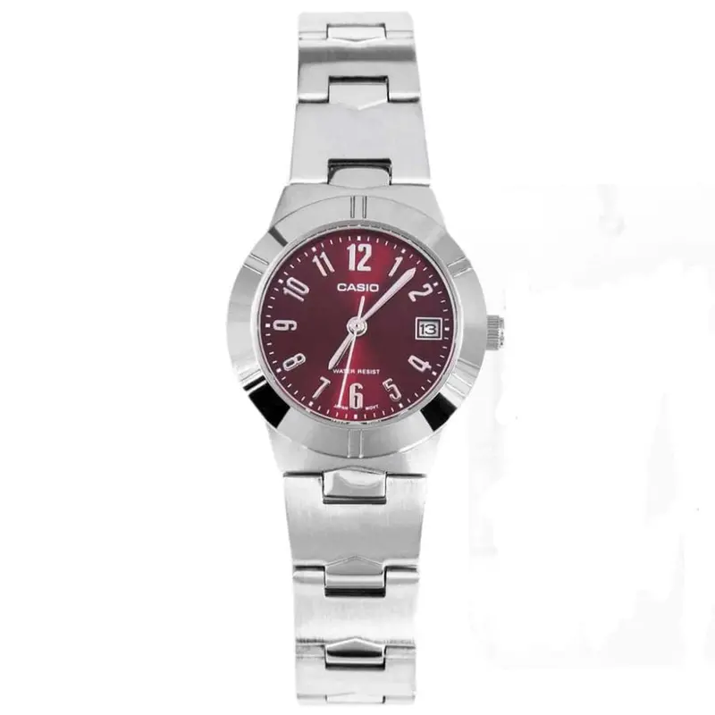 Casio General Red Dial With Silver Stainless Steel Strap Women Watch Ltp-1241D-4A2df-P 1