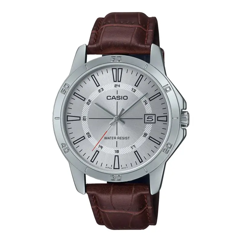 Casio General Silver Dial Brown Leather Strap Unisex Watch Mtp-V004l-7Cvdf-P 1