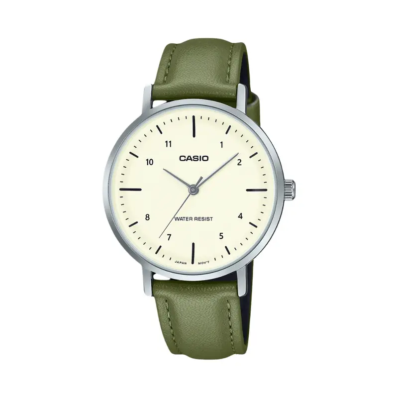 Casio Standard Ltp-Vt03l-3Bdf-P Beige Dial Olive Green Leather Strap Watch 1