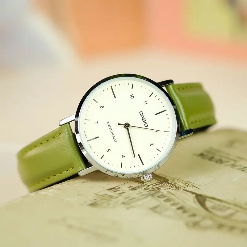 Casio Standard Ltp-Vt03l-3Bdf-P Beige Dial Olive Green Leather Strap Watch 2