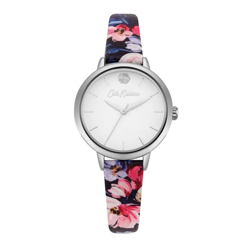 Cath Kidston Paintbox Flowers Silver Alloy Ckl064u Navy Leather Strap Ladies Watch 1