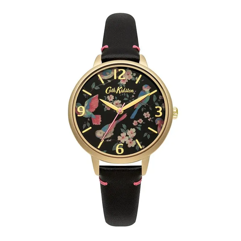 Cath Kidston Quartz British Birds Gold Alloy Ckl001bg Black Leather Strap Ladies Watch 1