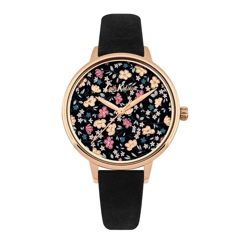 Cath Kidston Quartz Eiderdown Ditsy Rose Gold Alloy Ckl058brg Black Suede Strap Ladies Watch 1