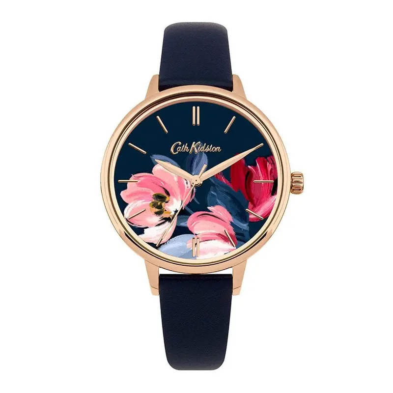 Cath Kidston Quartz Paintbox Flowers Rose Gold Alloy Ckl050urg Navy Leather Strap Ladies Watch 1