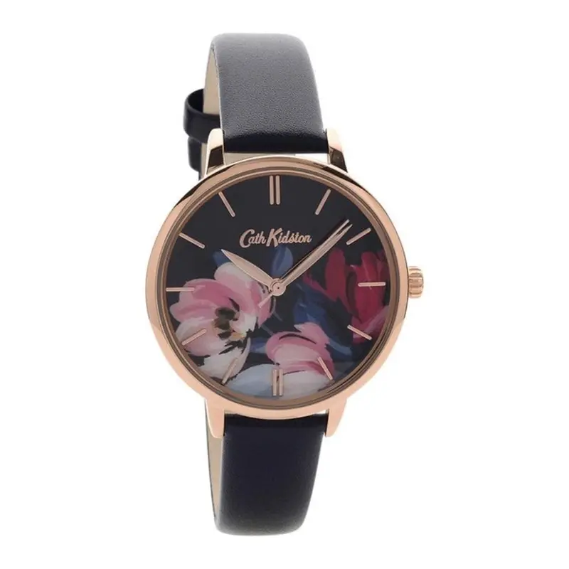 Cath Kidston Quartz Paintbox Flowers Rose Gold Alloy Ckl050urg Navy Leather Strap Ladies Watch 2