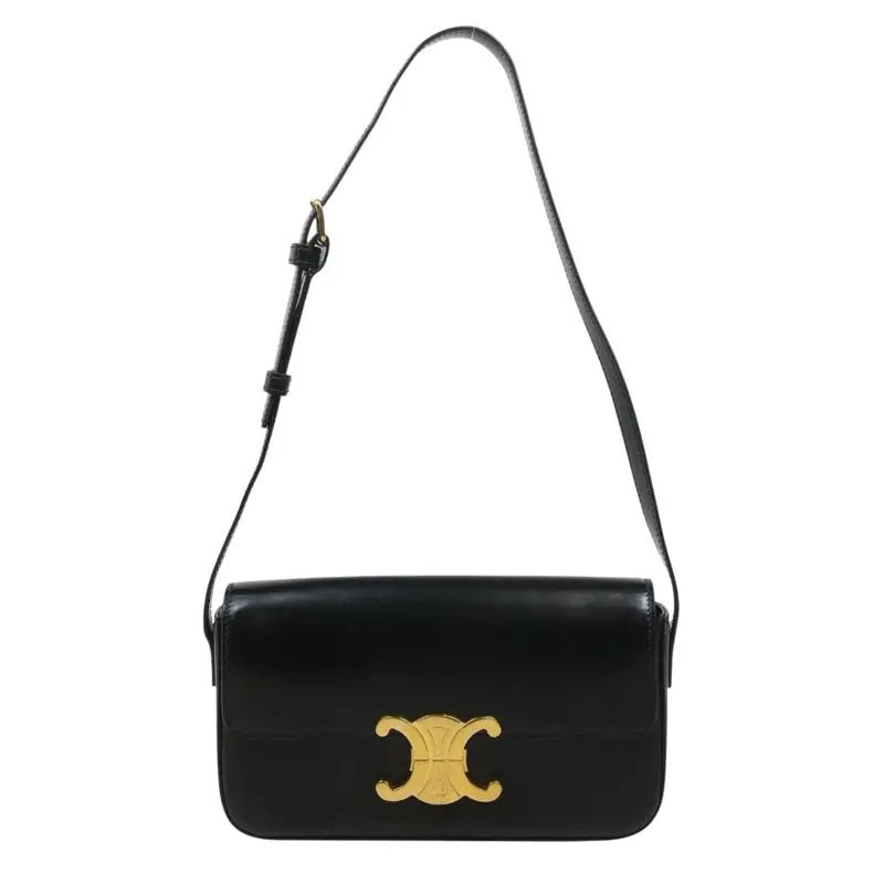 Celine Calf Leather Triomphe Black Shoulder Bag Golden Hardware S25090105 (Good Condition) 1