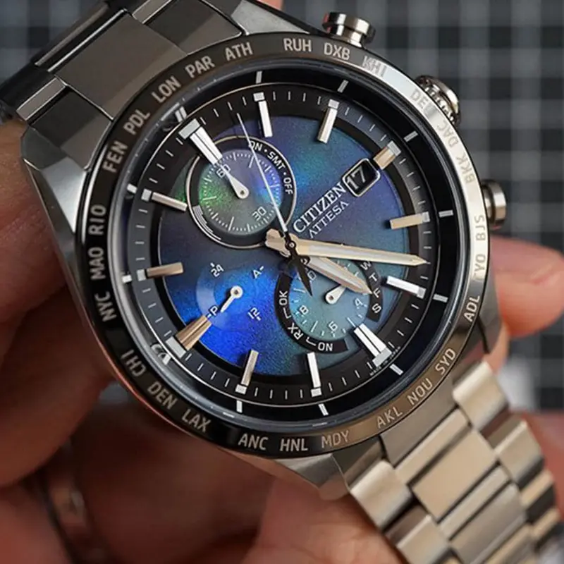 Citizen Attesa Blue Dial Silver Super Titanium Strap Gmt World Timer Men Watch At8188-64L 1