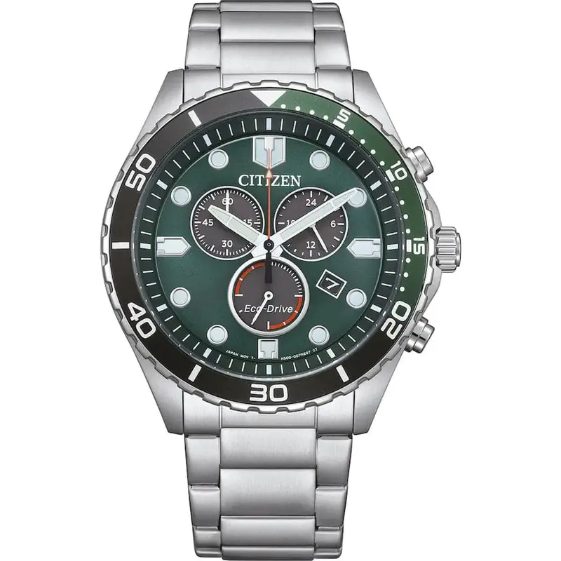 Citizen Eco-Drive Chronograph Green Dial Silver Stainless Steel Strap Men Watch At2561-81X 1