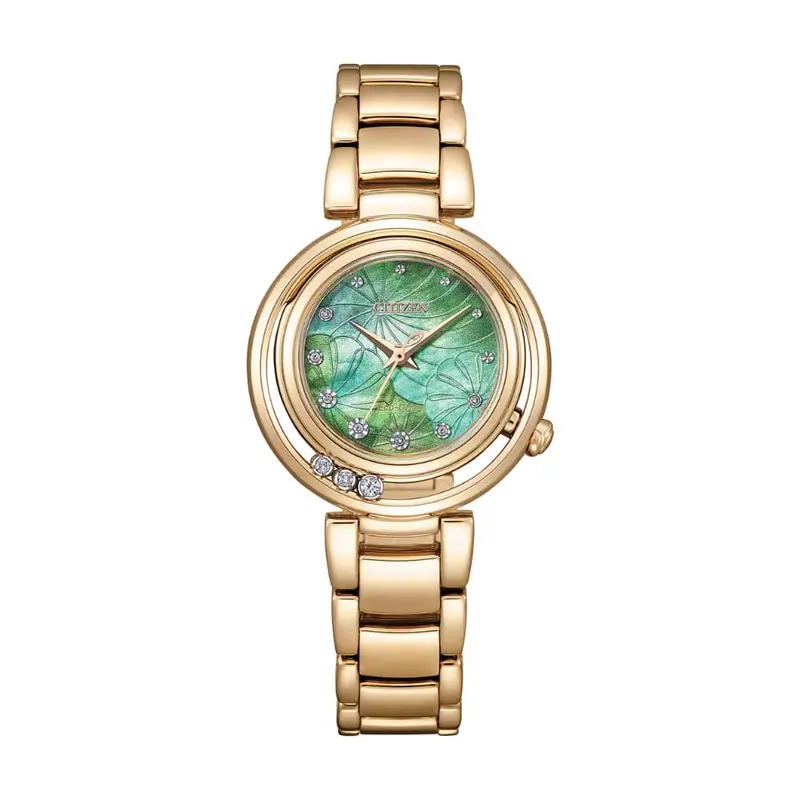 Citizen Eco-Drive Green Dial Gold Stainless Steel Strap Women Watch Em1113-82Y 1