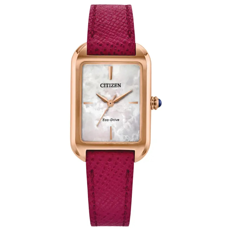 Citizen Eco-Drive Pink Leather Strap Women's Watch - Mother Of Pearl Dial | Em1193-08D 1